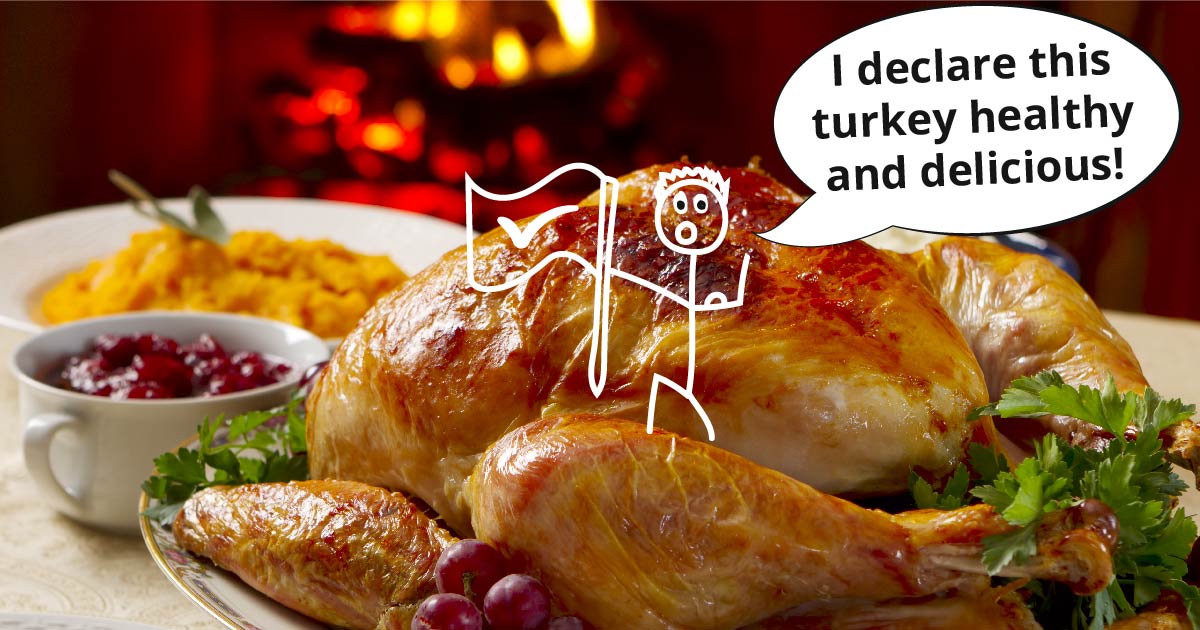 A roast turkey garnished with fresh herbs, side dishes in the background. A little stick figure stands on the turkey leg and plants a flag. Text reads: I declare this turkey healthy and delicious!