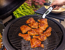A hand uses a digital food thermometer to check chicken on a grill.